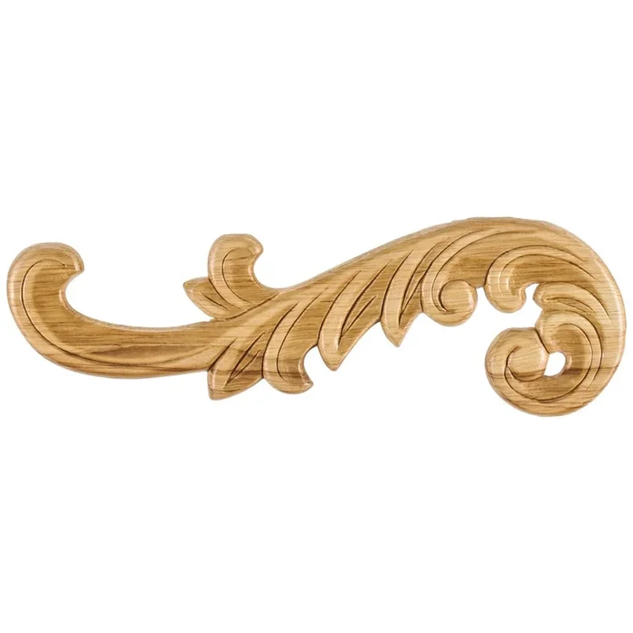 10-1/2 ” W x 5/16 ” D x 3-1/4 ” H Left Curved Pressed Rubberwood Acanthus Appliqué