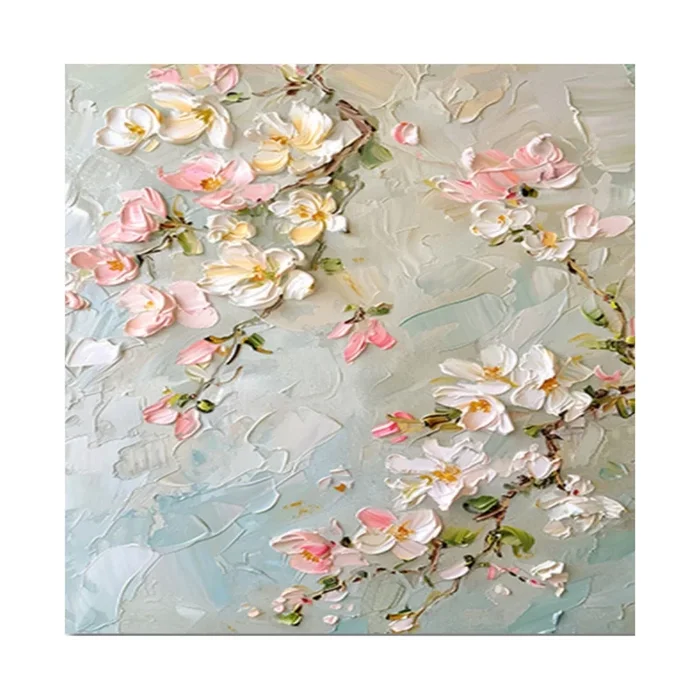 3D Cherry Blossom Wall Art – Hand-Painted Pink Floral Textured Canvas in Pastel Blue