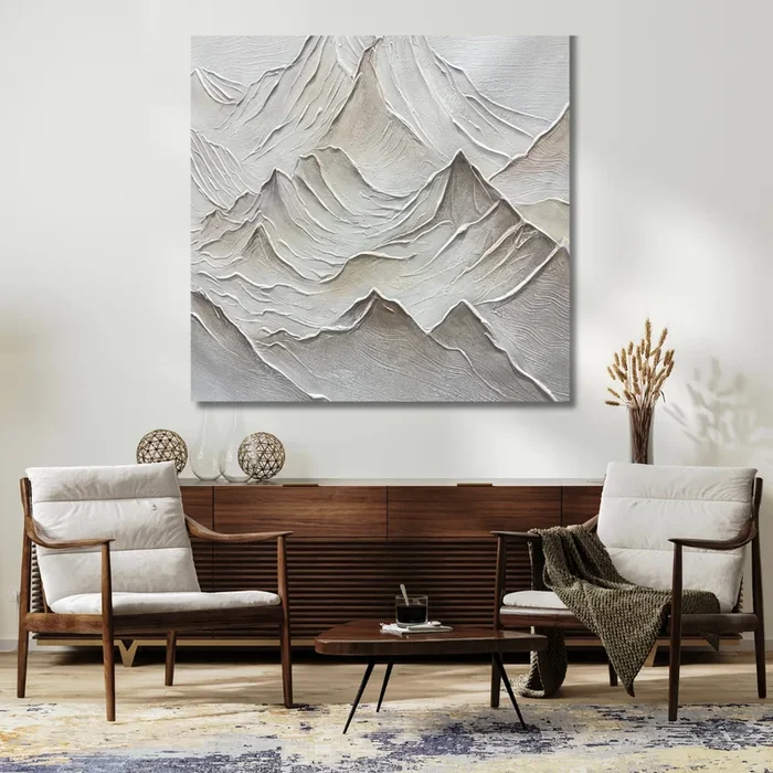 3D Neutral Textured Mountain Painting – Beige & White Minimalist Landscape Wall Art