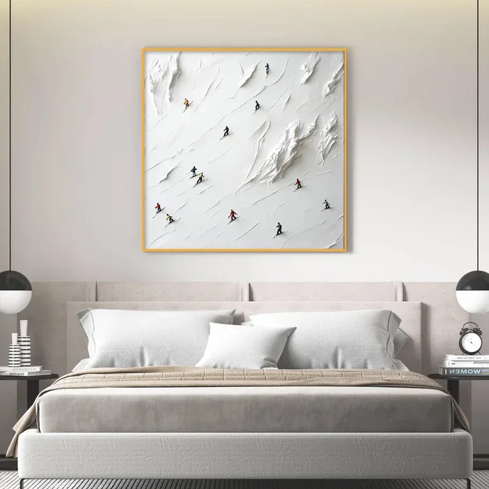 3D Textured Skiers on Snow – Minimalist Impasto Winter Scene Wall Art