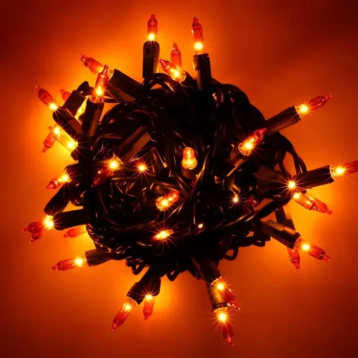 50 Orange Incandescent Mini Lights, Green Wire, 6 ” Spacing [CLOSEOUT]