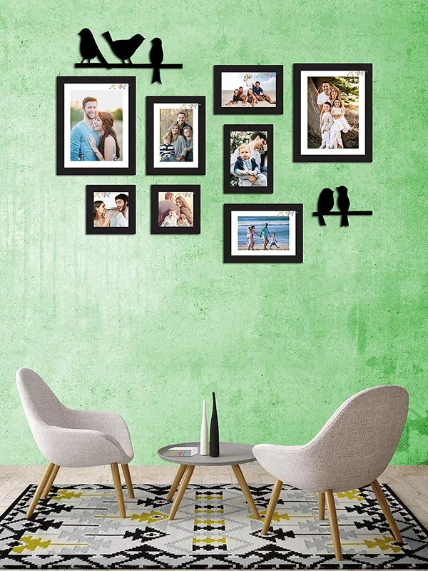 8 Individual Black Wall Photo Frames With Love-Bird’s Design MDF Plaque ( Sizes 5″ x 5″, 5″ x 7″, 6″ x 8″, 8″ x 10″ )