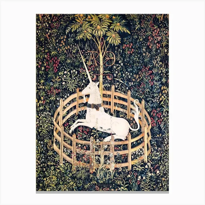 “The Unicorn Rests in a Garden,” Also Called “The Unicorn in Captivity,” is the Best-Known of the Unicorn Tapestries (1495-1505) Designed in Paris. Looted during the French Revolution. Rare Remastered Tapestry Art Ancient Relic High Definition Canvas PrintLB by Love Beyond the Moon