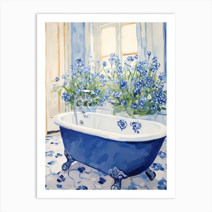 A Bathtube Full Of Forget Me Not In A Bathroom 4 Art Print by Flora Expressions