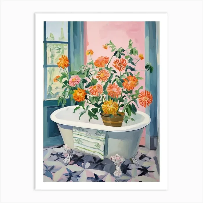 A Bathtube Full Of Zinnia In A Bathroom 2 Art Print by Flora Expressions