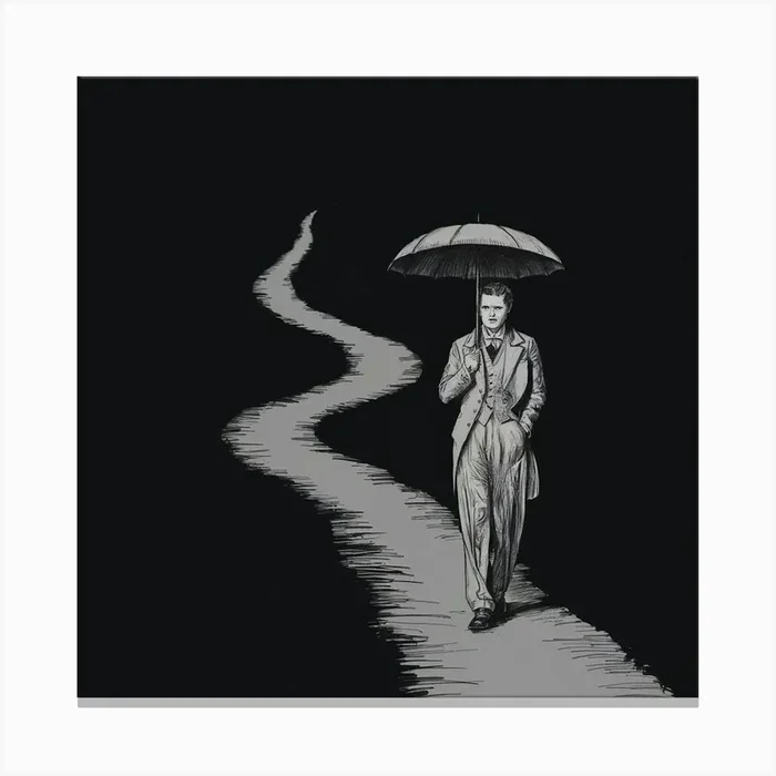 A captivating ink drawing of a lone figure traversing a narrow, serpentine path. The man is dressed in a vintage ensemble, holding onto an old-fashioned umbrella. The path is shrouded in complete darkness, with only the faint silhouette of the man and the subtle outlines of the winding path visible. The ink lines are bold and dramatic, creating an atmosphere of mystery and suspense. Canvas PrintLM by love my wall