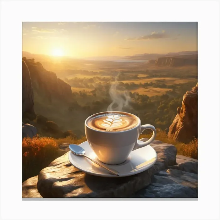A cup of hot coffee on the rock with mountain Canvas Print by Vinzlim