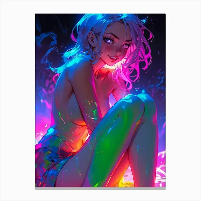 A cute neon manga girl with sexy legs and alluring breasts — a kawaii fantasy in the vibrant world of anime and hentai. Canvas Print by Lootprint