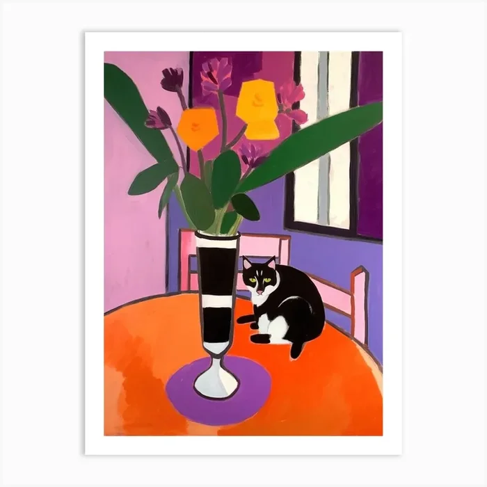 A Painting Of A Still Life Of A Crocus With A Cat In The Style Of Matisse 1 Art Print by Mambo