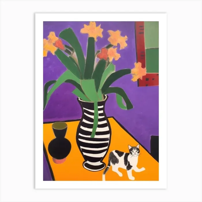 A Painting Of A Still Life Of A Crocus With A Cat In The Style Of Matisse 4 Art Print by Mambo