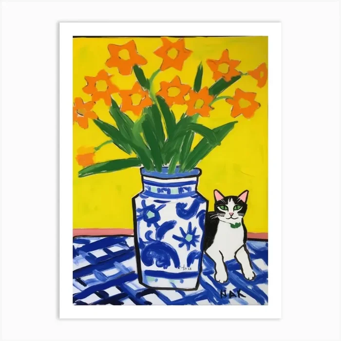A Painting Of A Still Life Of A Daffodils With A Cat In The Style Of Matisse 1 Art Print by Mambo
