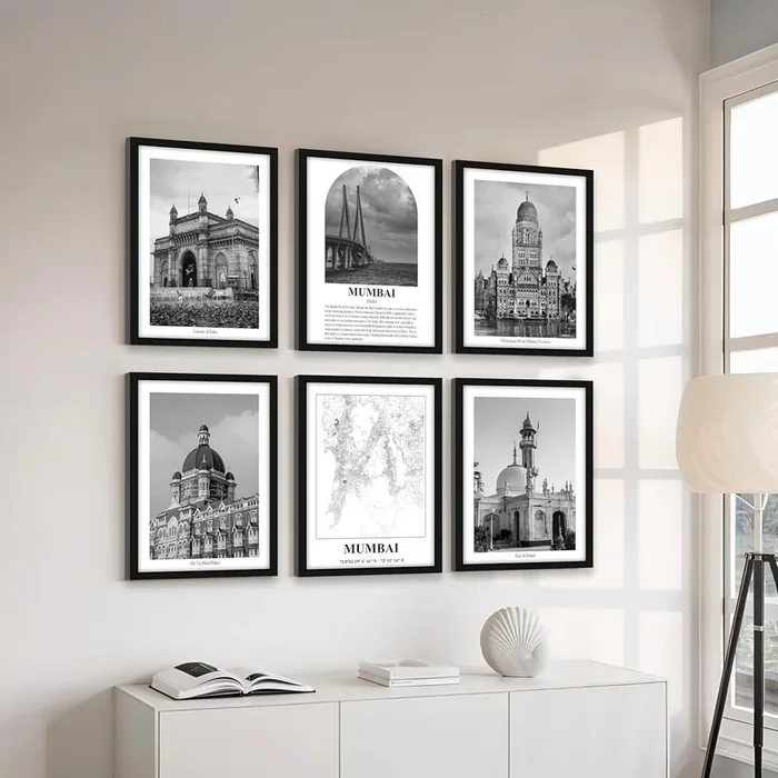 A3 Mumbai Gallery Wall Art Framed Posters, Decorative Art Prints (Size:13×18 Inch, Pack of 6)
