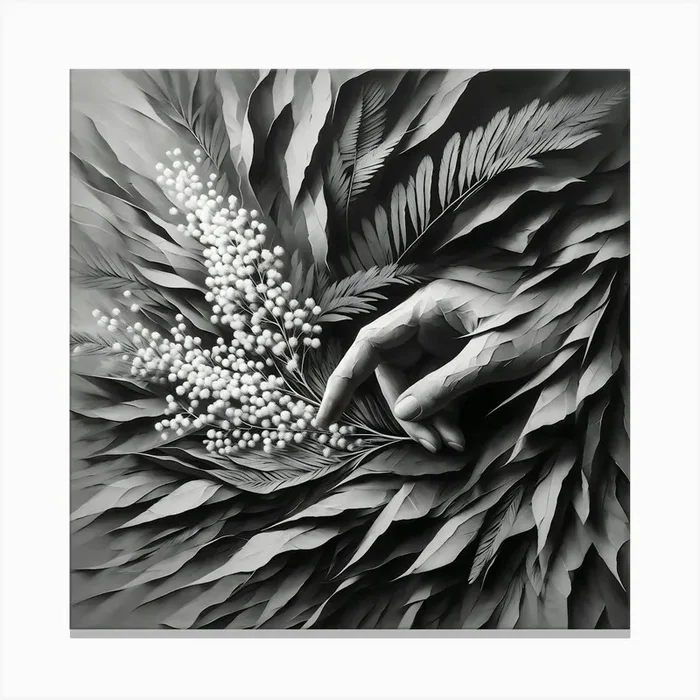 Abstract, Black And White, Nature’s Touch: Hand Among Leaves Canvas Print by SolaoArt