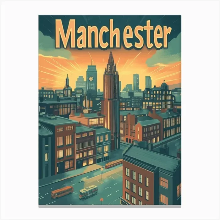 Aihrgdesign A Mid Century Modern Travel Poster For Manchester 3 Canvas PrintA by aihrgdesign