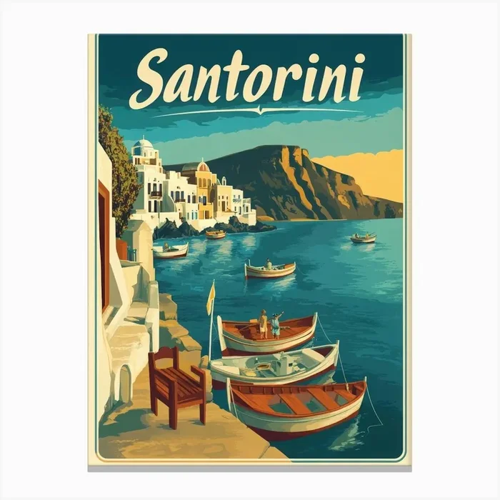 Aihrgdesign A Retro Travel Poster For Santorini Featuring A C F0a0142c 5c80 4c18 B4c1 70b753e94b60 2 Canvas PrintA by aihrgdesign