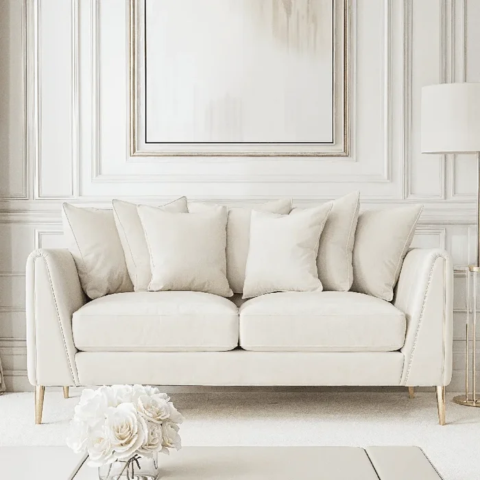 Alaina Cream Velvet Scatter Back 2 Seater Sofa with Gold Legs