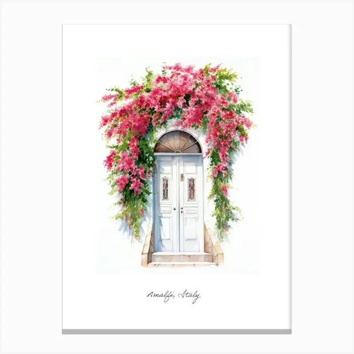 Amalfi, Italy Mediterranean Doors Watercolour Painting 2 Poster Canvas Print by MedArt