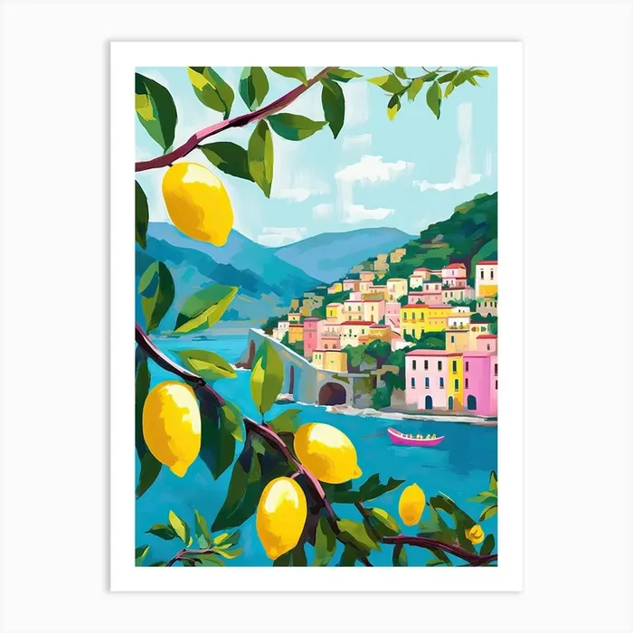 Amalfi View With Lemons Travel Painting Italy Art Print by Mambo