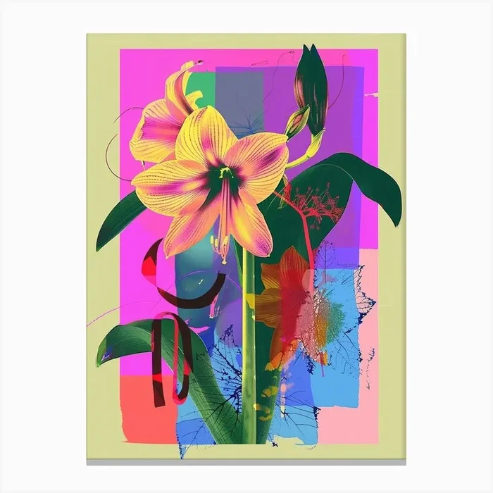 Amaryllis 5 Neon Flower Collage Canvas Print by Botanic Studio