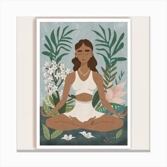 An art print featuring a captivating portrait of a yoga practitioner in a serene and meditative pose, surrounded by elements of nature. This tranquil and spiritually inspired art print is ideal for yoga enthusiasts and those seeking a sense of mindfulness and balance in their home decor. Canvas Print by Tendancyshop