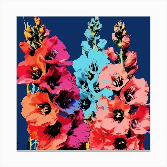 Andy Warhol Style Pop Art Flowers Delphinium 2 Square Canvas Print by Botanic Studio