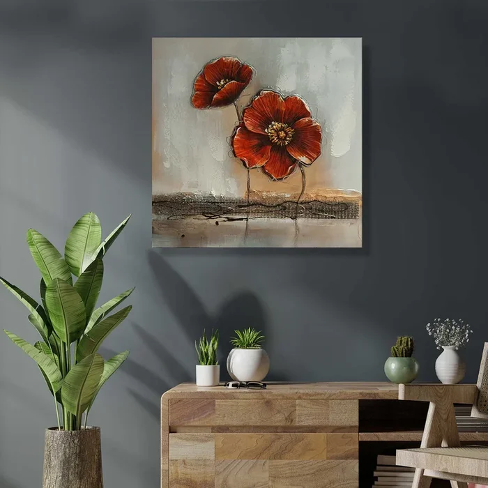 Art Street Canvas Floral Hand Painted Wall Painting Grow Through Dirt Stretched On Wood Embossed Textured Wooden Decorative Art Oil Painting For Home Wall Decoration (Orange, 24×24 Inches)