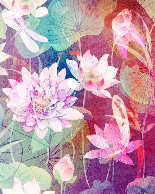 Asian Wall Art, Lotus Pond and Koi Fish Canvas Art Painting II