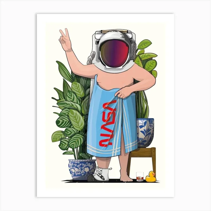 Astronaut In Bath Towel in Bathroom Art Print by Wyatt 9