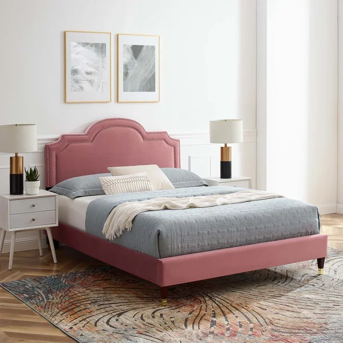 Aviana Performance Velvet Bed With Wood and Gold Legs by Modway