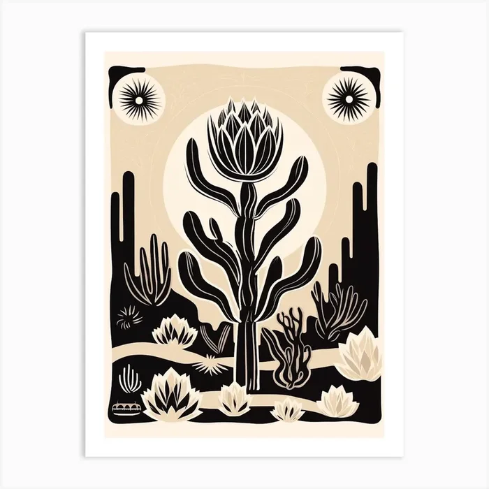 B&W Cactus Illustration Echinocereus Cactus 1 Art Print by Botanic Studio