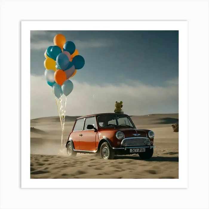 Balloons and car parked in the desert Art Print by ZCOGRAPHICS
