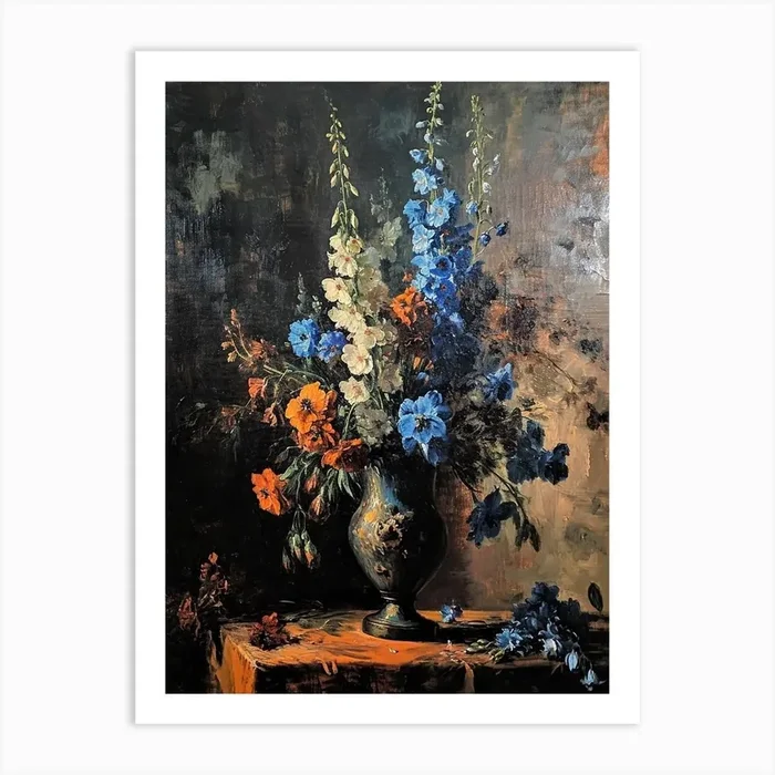 Baroque Floral Still Life Delphinium 4 Art Print by Botanic Studio