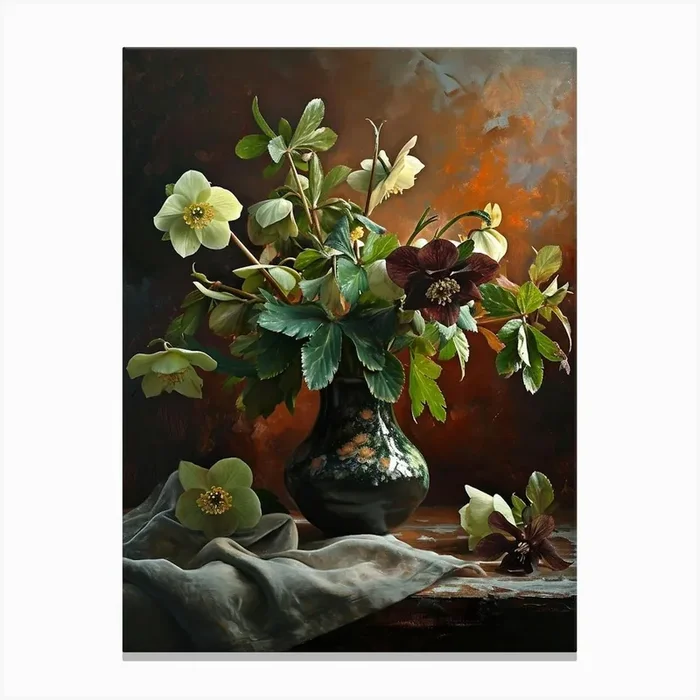 Baroque Floral Still Life Hellebore 4 Canvas Print by Botanic Studio