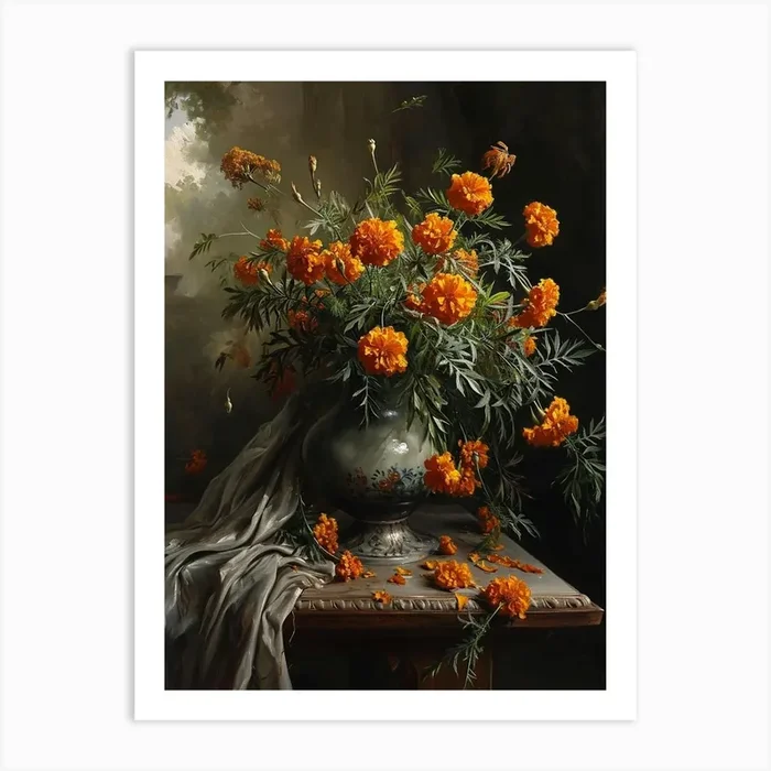 Baroque Floral Still Life Marigold 3 Art Print by Botanic Studio