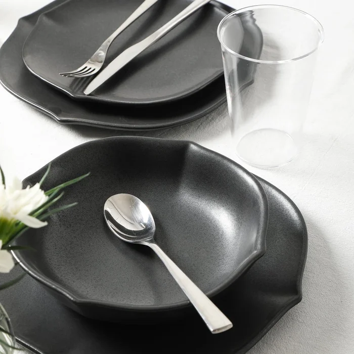 Baskerville Stoneware, Borosilicate Glass Dinnerware Set – Black
