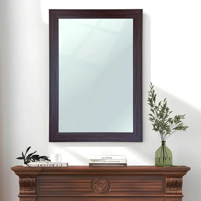 Bathroom Wall Mirror, Brown Wall Mount Rectangular Makeup Mirror, Decorative Looking Glass with Frame (Size: Inner: 16×24 in, Outer: 19×27 Inch)
