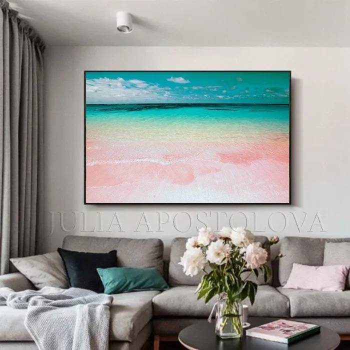 Beach Art, Pink Sand Coastal Wall Art Decor, Turquoise Waters, Aerial Beach Canvas Print Zen Artwork