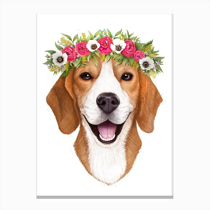 Beagle With Flowers Canvas Print by Valeriya Korenkova