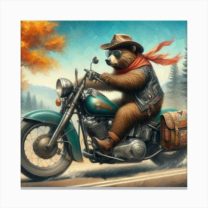 Bear On A Motorcycle Canvas PrintK by Kisten