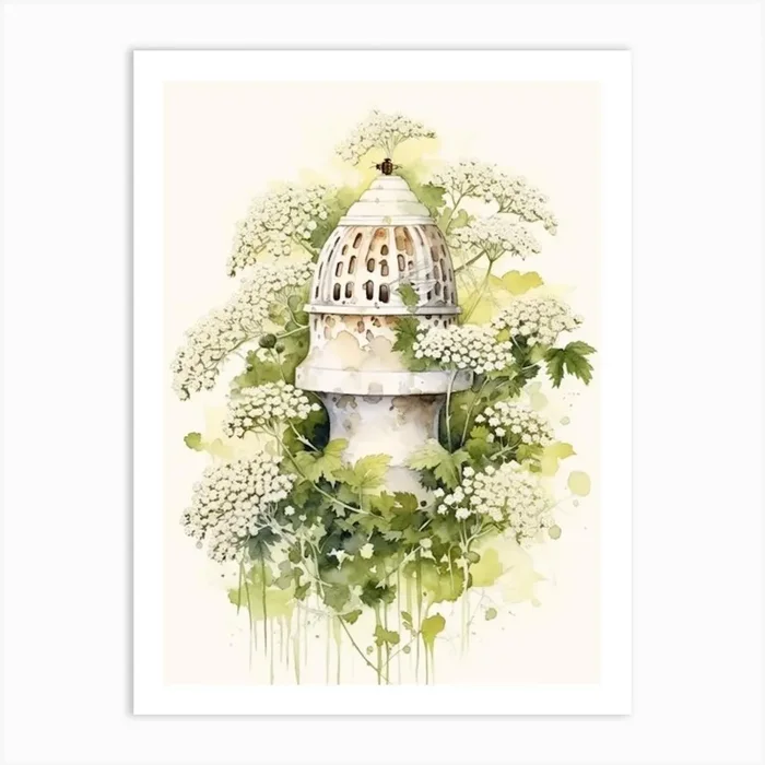 Beehive With Queen Anne’S Lace Watercolour Illustration 1 Art Print by Flora Expressions