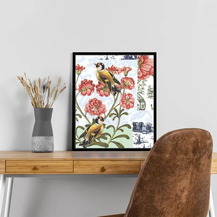 Bird Floral Theme Framed Canvas Art Print, Painting Multicolored.