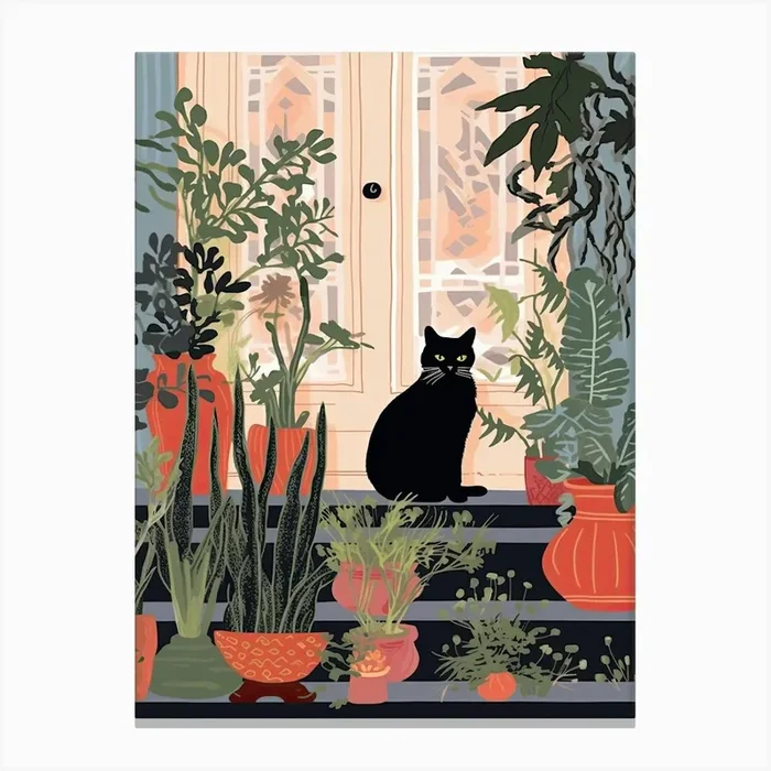 Black Cat And House Plants 9 Canvas Print by Mambo