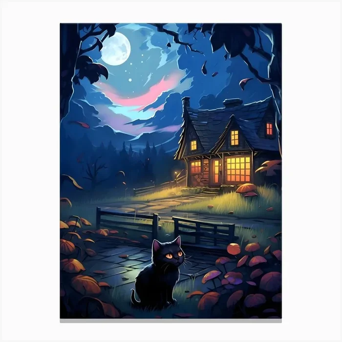 Black Cat By Moonlight 1 Canvas Print by Lozzerly