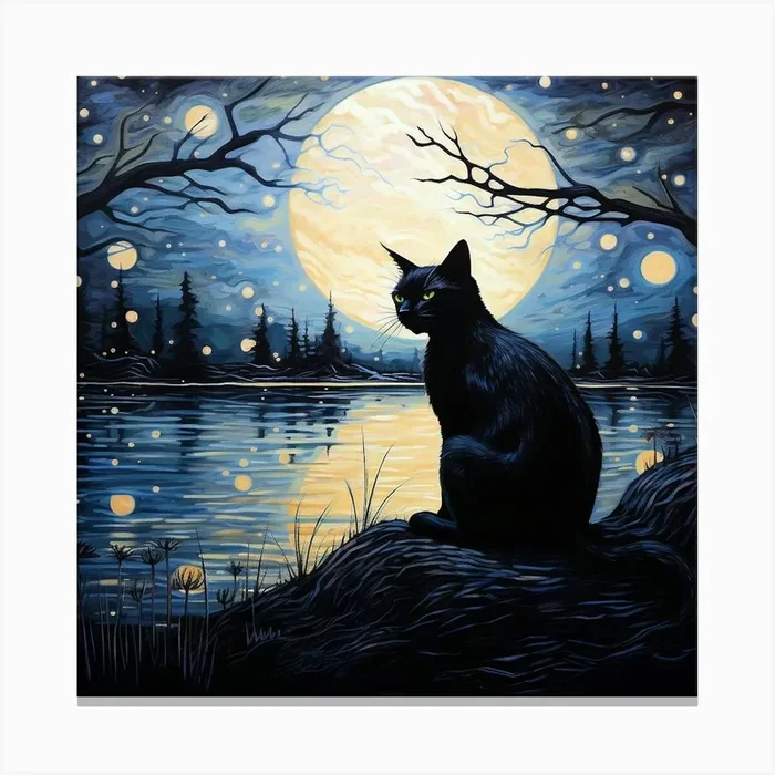 Black Cat On Riverbank At Night By Moonlight Canvas Print by Lozzerly