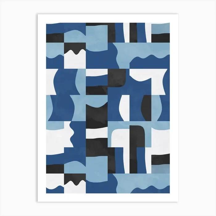 Blocks Cubes Blue Black Art Print by Ninola Design