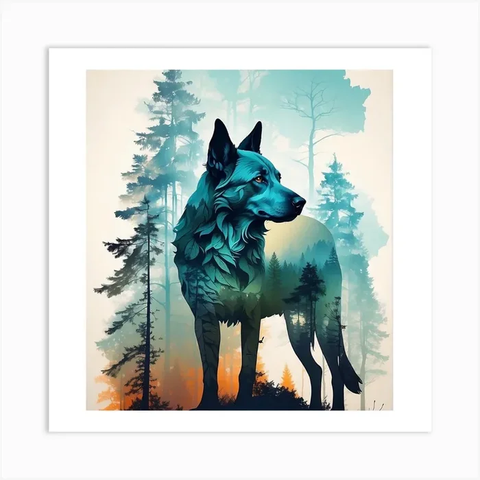 Blue Dog In The Forest Art PrintMA by Mohammed Amine