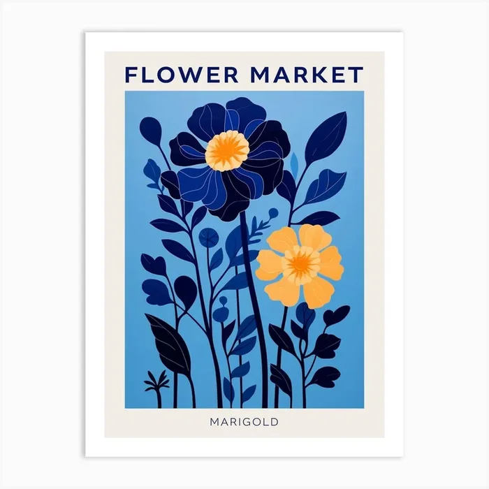 Blue Flower Market Poster Marigold Art Print by Botanic Studio