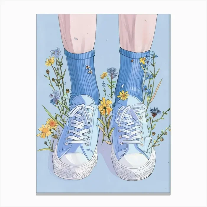 Blue Girl Shoes With Flowers 3 Canvas Print by Dreamy Seasons Art