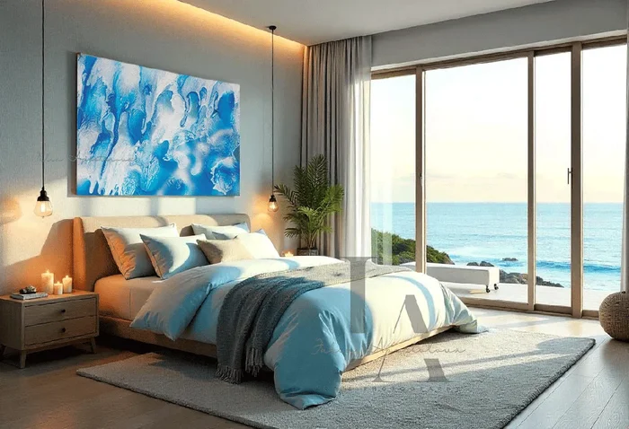 Blue White Abstract Art, Ocean Waves Seascape Painting Print ”Tropical Escape” by Julia Apostolova