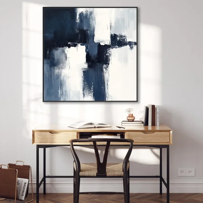 Blue White Abstract Artwork Framed Square XL – Midnight Axis